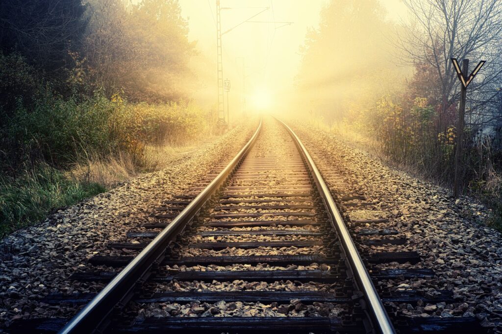 hope, sunbeams, rails, travel, route, goal, bright, fog, haze, light, sun, the shade, mood, secret, nature, mystical, dream, beam of light, lighting, romantic, autumn color, magic, the atmosphere, hope, hope, hope, hope, hope, goal, goal